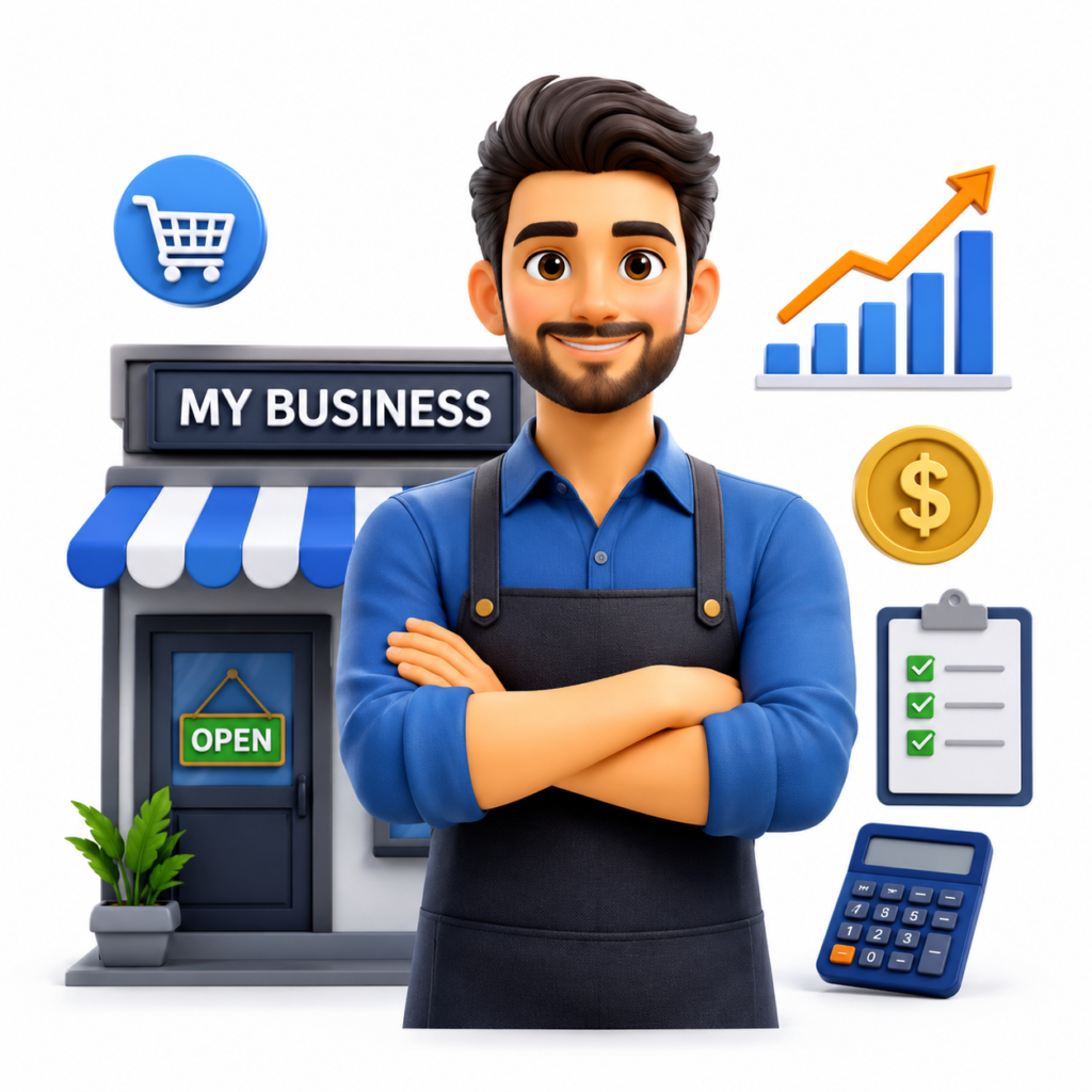 confident shopkeeper with business icons
