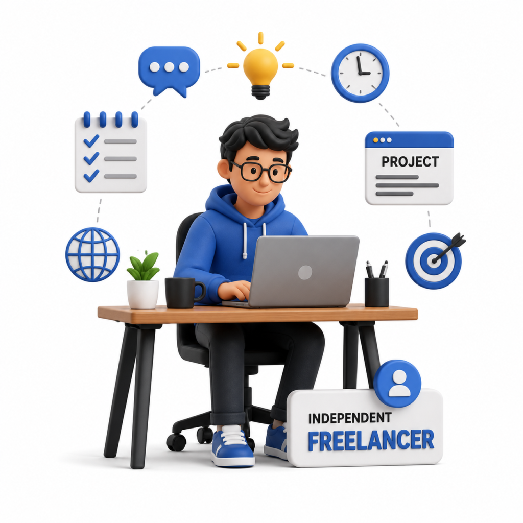 freelancer workspace with creative icons